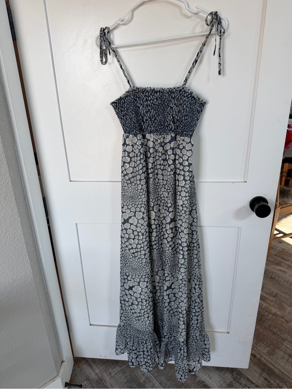 Blue and white maxi dress with adjustable tie straps and seer sucker bodice s